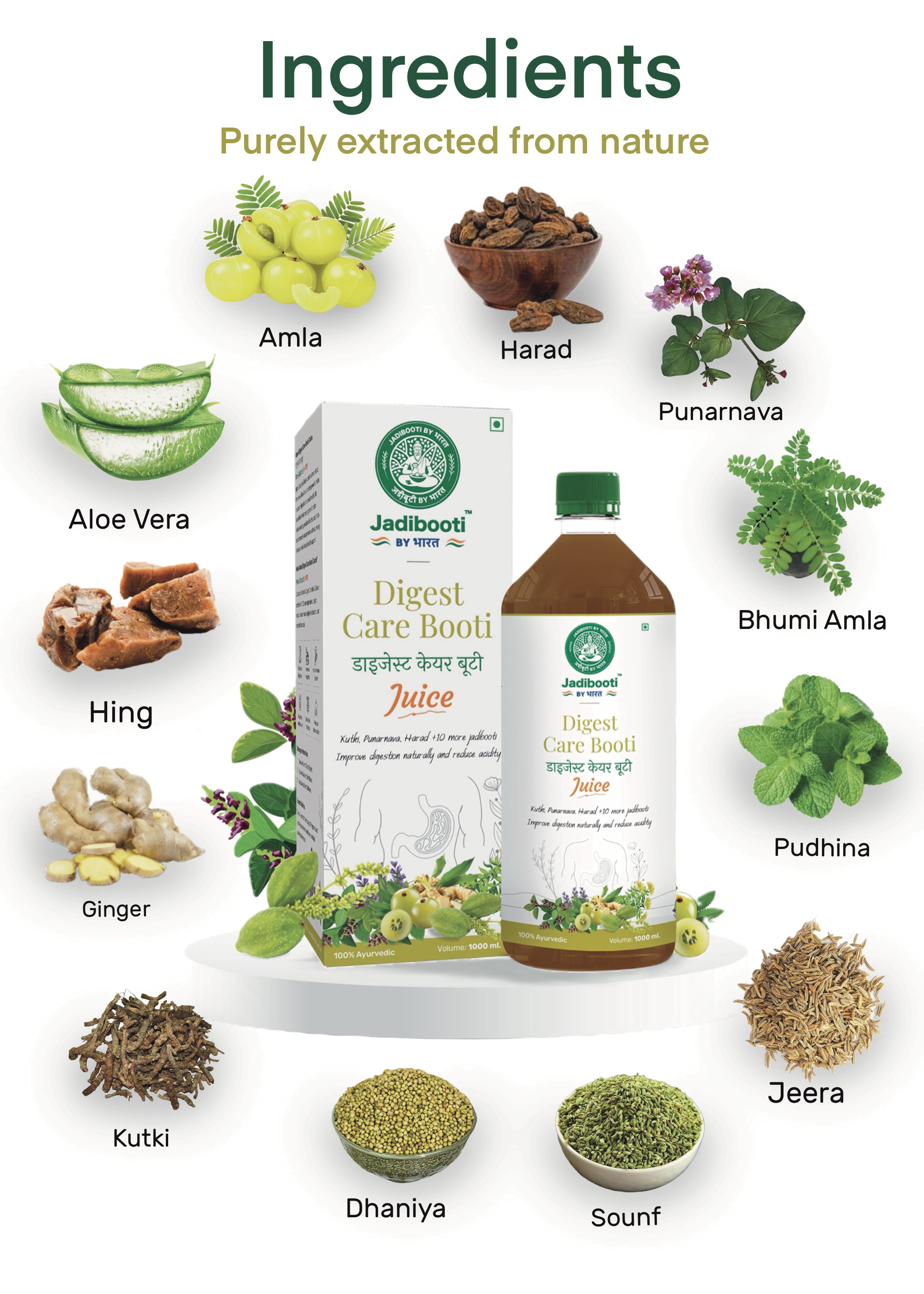Digest Care Booti Juice by Jadibooti — 1000ml Ayurvedic bottle with green cap and bilingual label in Hindi and English; surrounded by herbs like amla, fennel, mint, and more to promote natural digestion and reduce acidity
